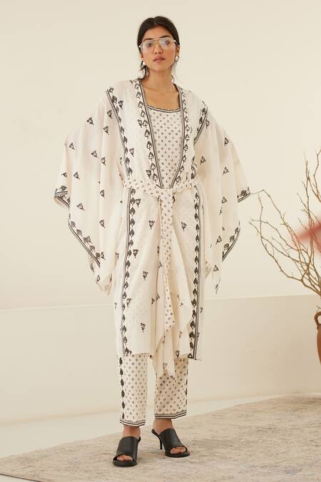 Shop Cotton And Clay White Silk, Modal Pearls, Embroidery Beluga Hand Block Print Jacket Trouser Set Online at Aza Fashions Shop_Cotton And Clay_White Silk, Modal Pearls, Embroidery Beluga Hand Block Print Jacket Trouser Set _Online_at_Aza_Fashions