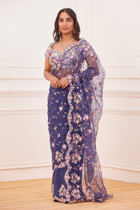 Rahul Mishra Aaina Hand Embroidered Saree With Blouse 