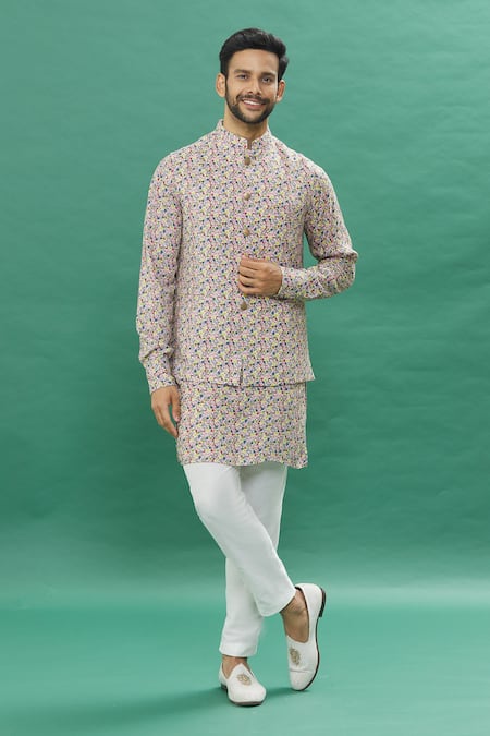 Spring Break Multi Color Micro Floral Bundi Kurta Set 