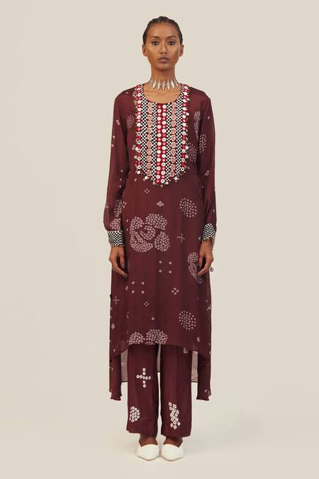 Amka Maroon Chiffon Tassels Round Neck Gul Printed Kurta And Pant Set