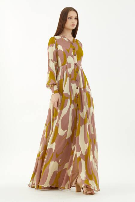Koai_Multi Color Chiffon Abstract V Neck Button Down Dress _Online_at_Aza_Fashions