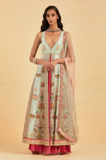 AUM by Asit and Ashima Blue Silk Embroidery Flower Vine Zardozi And Aari Anarkali & Skirt Set 