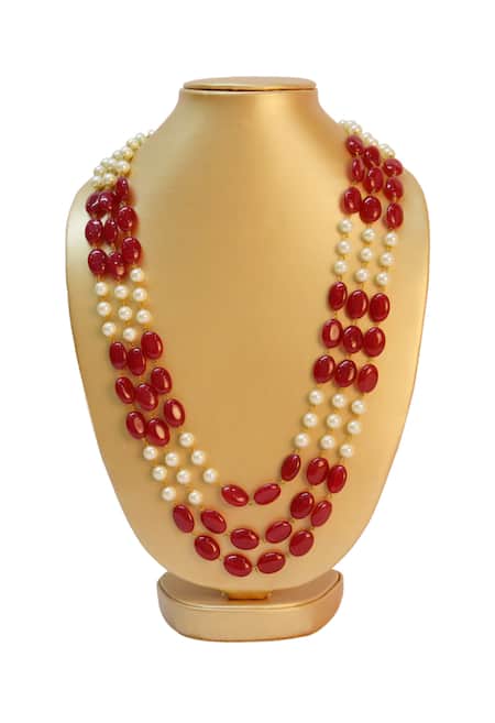 Just Shradhas Red & White Stone Pearl Necklace 