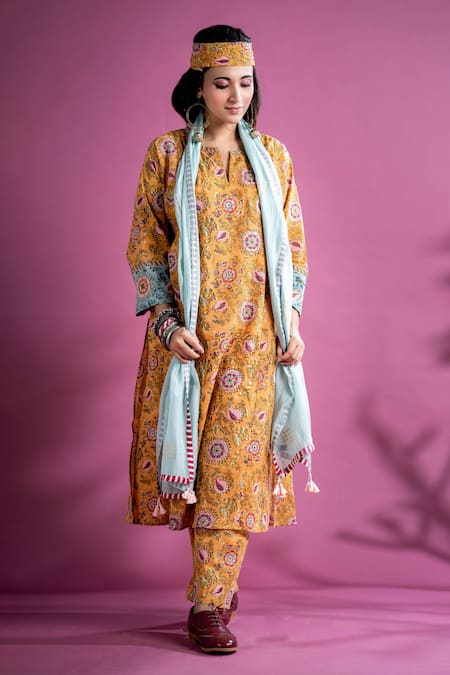 Pants and Pajamas Kyrah Cotton Floral Block Print Kurta Pant Set 