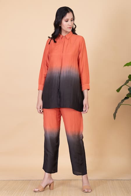 Chambray & CO. Orange Silk Embroidery Split V-neck Bria Colorblock Shirt And Pant Set