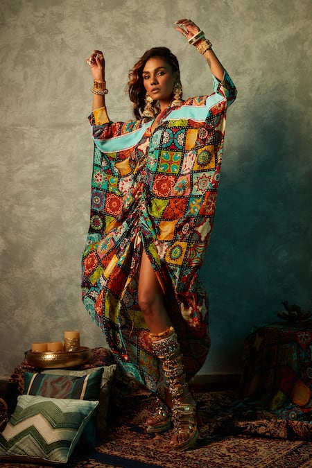 Esha L Amin Multi Color Modal, Satin V-neck Tile Print Drawstring Kaftan