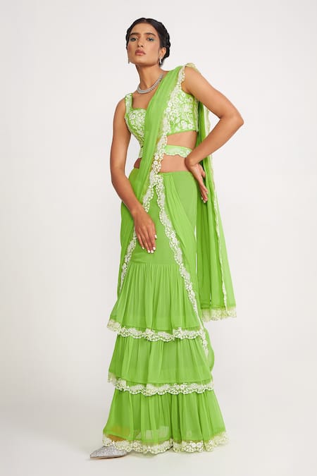 Asaga Green Silk, Georgette, Linen Embroidery Lucy Pre-draped Tiered Saree Set