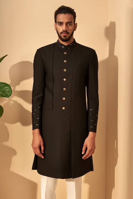 Dhruv Vaish Black Terry Wool Panelled Sherwani And Pant Set 