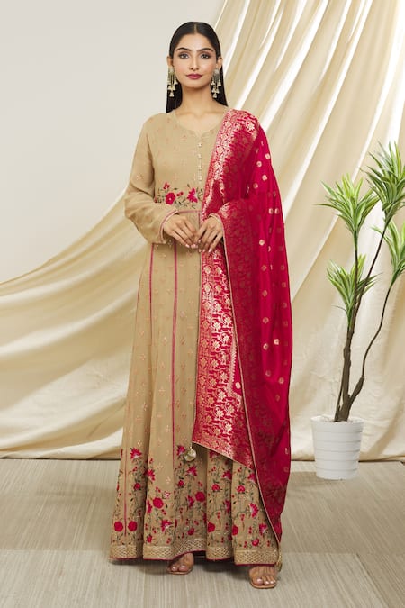 Peenacolada Brown Georgette, Silk Embroidery, Tassels V-neck Resham Anarkali With Dupatta 