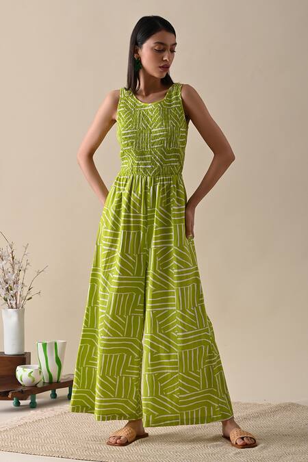 Buy Kanelle Green Cotton Round Neck Juliette Striped Print Jumpsuit at Aza Fashions Buy_Kanelle_Green Cotton Round Neck Juliette Striped Print Jumpsuit_at_Aza_Fashions