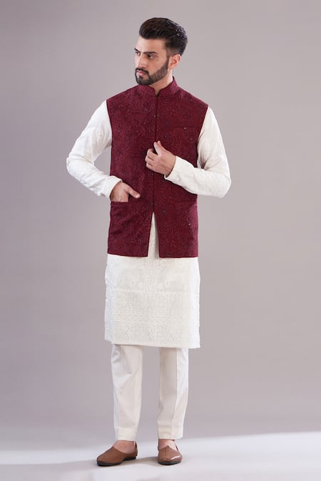 Buy Red Silk Embroidered Floral Pattern Nehru Jacket For Men by Kasbah Online at Aza Fashions