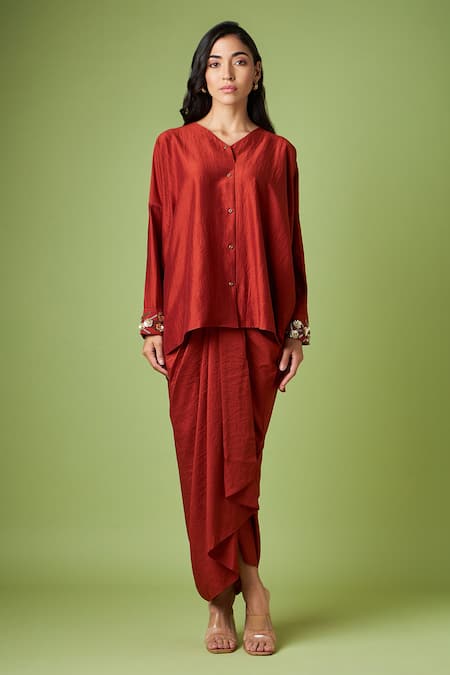 Aakaar Cotton Silk Shirt Tunic & Draped Skirt Set 