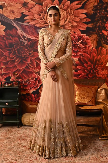 Moledro Pink Silk Organza, Net, Brocade Reem Fish-cut Pre-draped Saree With Blouse 