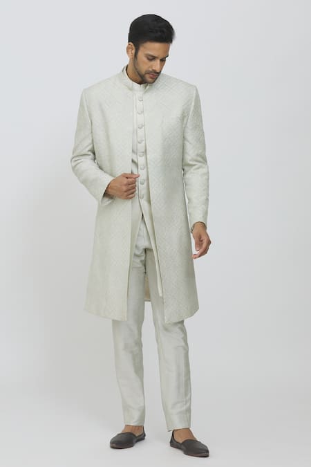 Priti Sahni Grey Silk Sequins, Embroidery Geometric Sherwani Set 