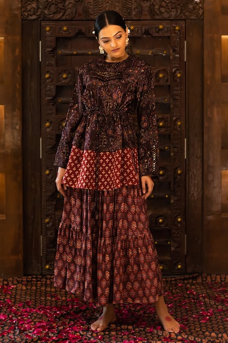 Vana Ethnics Wine Satin Printed Ajrakh Round Top And Skirt Set 