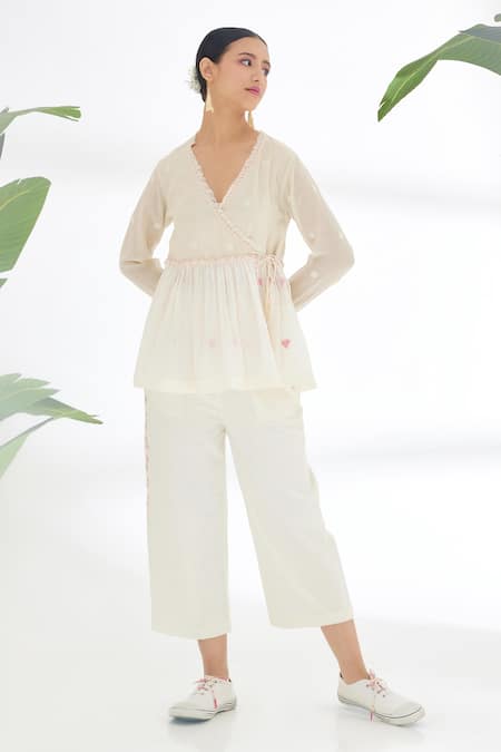 Nikasha Cream Handwoven Jamdani Cotton Polka Dots V Neck Wrap Top