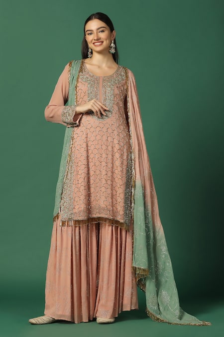 Two Sisters By Gyans Pink Georgette Sequins, Embroidery, Foil Scallop And Floral Kurta Sharara Set 