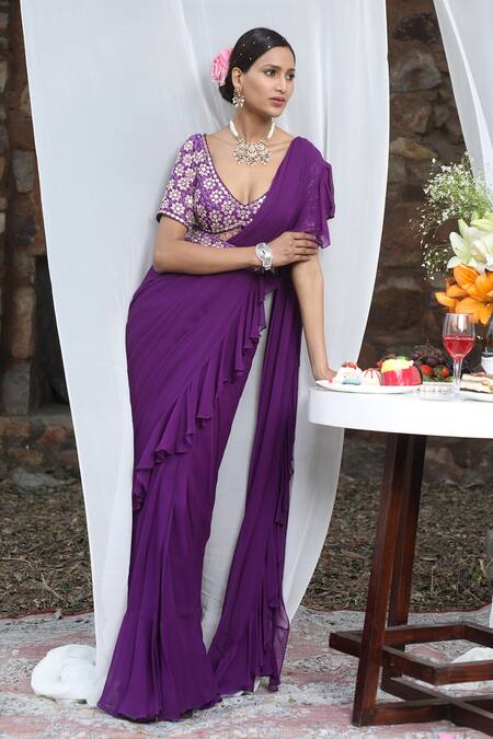 Buy_Nitisha Kashyap Official_Purple Georgette, Silk Beads, Mirrors, Zari, Embroidery Floral Ruffle Saree Set _Online_at_Aza_Fashions