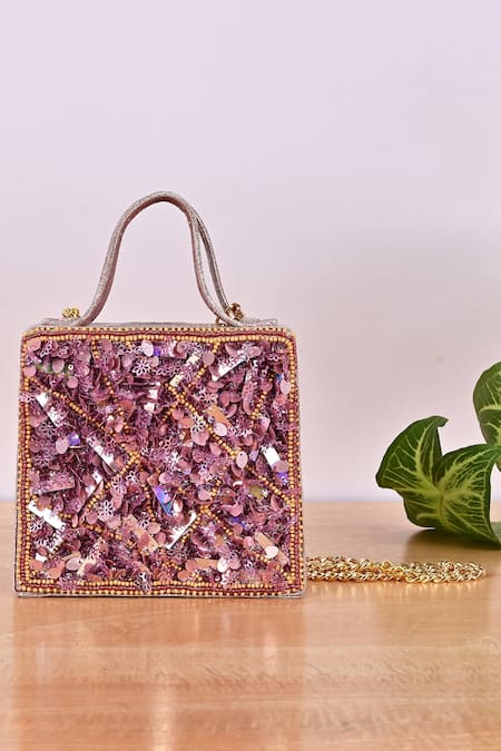 Soniya G Pink Embellished Rectangle Shaped Clutch 