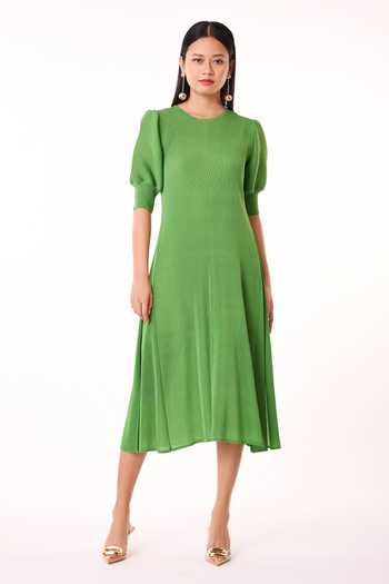 Buy Scarlet Sage Green Polyester Round Neck Pear Puff Sleeve Midi Dress at Aza Fashions Buy_Scarlet Sage_Green Polyester Round Neck Pear Puff Sleeve Midi Dress_at_Aza_Fashions