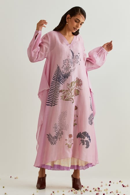 Prama By Pratima Pandey Purple Chanderi Embroidery V-neck Block Print Dress With Inner 