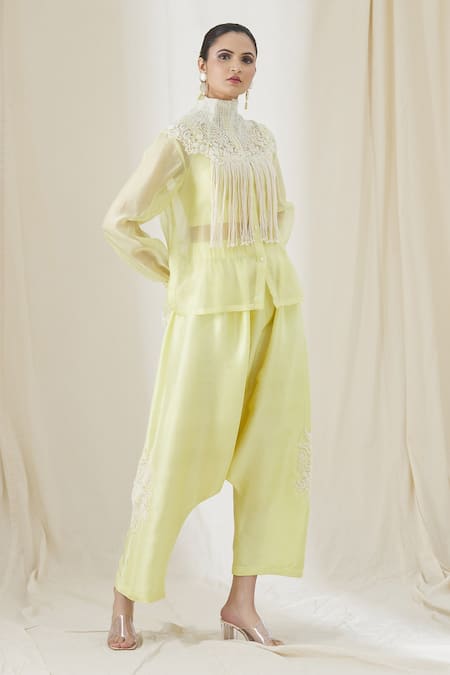 Anamika Khanna Yellow Embroidered Floral High Neck Tassel Overlay Sheer Shirt And Pant Set 