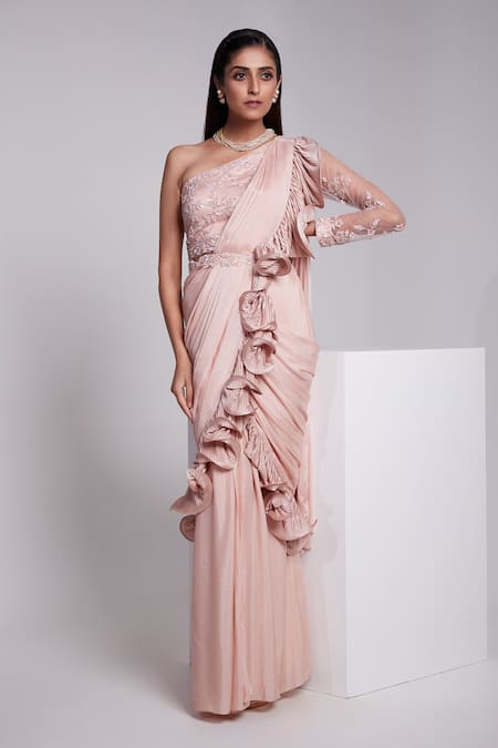 Suruchi Parakh Pre-Draped Ruffle Saree With One Shoulder Blouse 