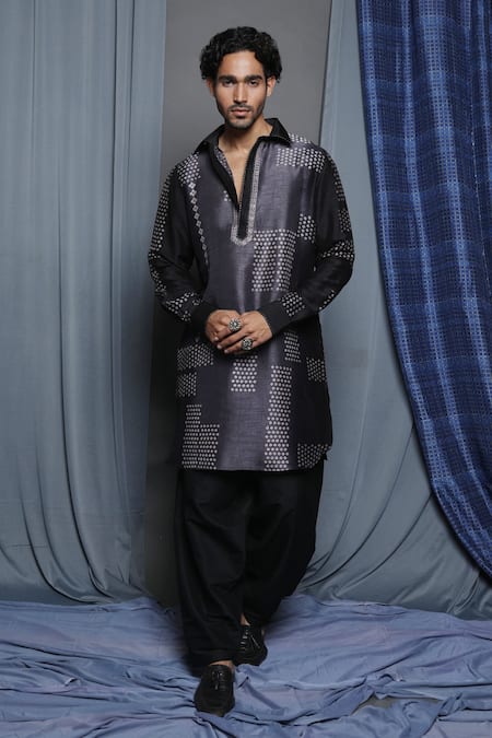 Krishna Mehta Black Tussar Printed Geometric Ombre Kurta 