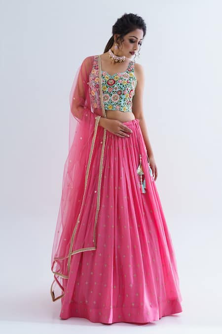 Suruchi Parakh Pink Georgette Embroidery Thread Work Sweetheart Neck Floral Blouse Lehenga Set 