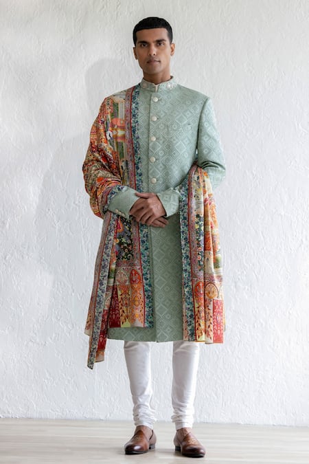 Qbik Green Sherwani Jaquard Self Design Maqbul Set With Darbar Stole 