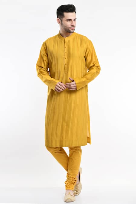Samant Chauhan Yellow Cotton Silk Embroidery Thread Linear Kurta Set