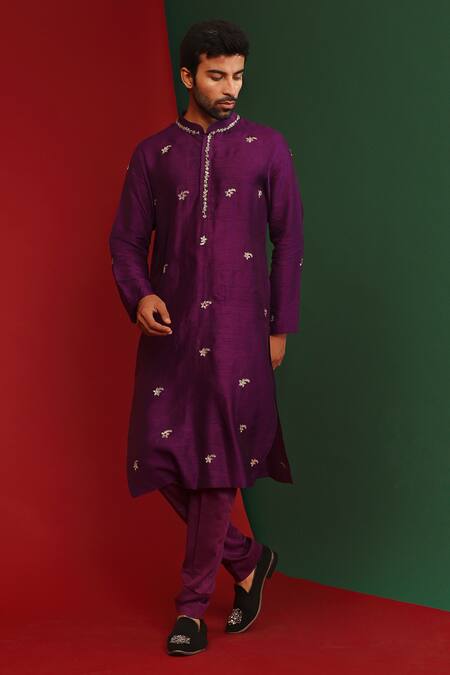 Mahima Mahajan Wine Raw Silk Embroidered Sequins Reyan Kurta And Pant Set For Men