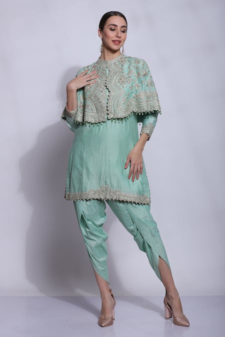 Sonali Gupta Green Cotton, Silk Collared Embroidered Cape And Kurta Set 