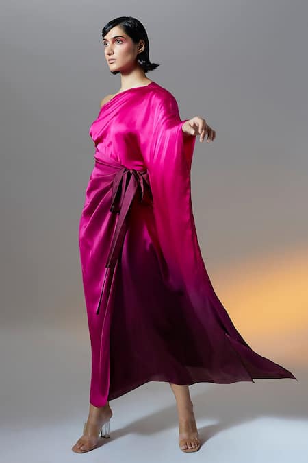 Aroka Pink Plain One Shoulder Ombre Draped Kaftan Dress 