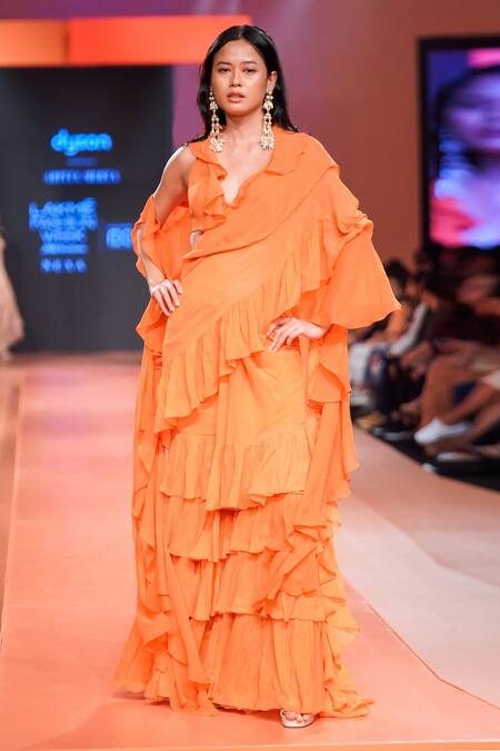 Buy Arpita Mehta Orange Georgette Halter Neck Ruffle Saree And Blouse Set Online at Aza Fashions Buy_Arpita Mehta_Orange Georgette Halter Neck Ruffle Saree And Blouse Set_Online_at_Aza_Fashions
