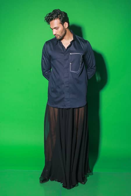 Echke Blue Cotton Embroidery Placed Abstract Half Pocket Shirt