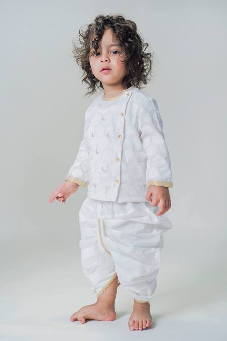 Tiber Taber White Cotton Embroidery Moon Kurta And Dhoti Set 