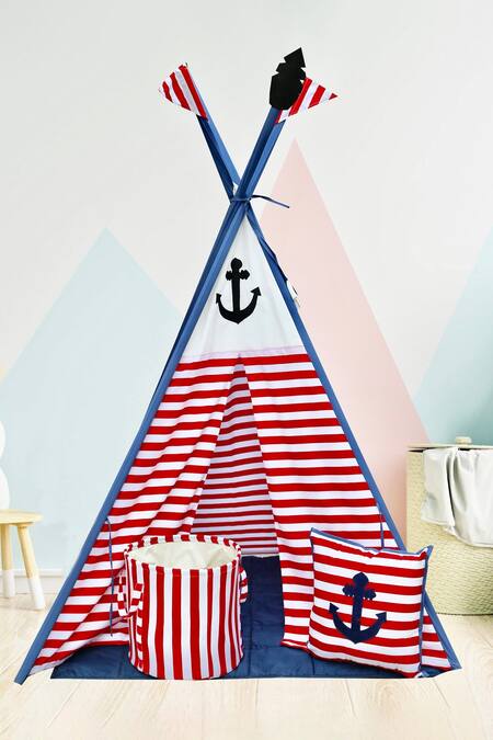 My Gift Booth Red Cotton Print Anchor Teepee Tent With Mat
