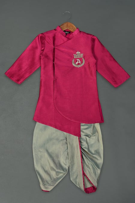 Maaikid Pink Cotton Silk, Art Silk, Lining Letter Motif Embroidered Sherwani Set