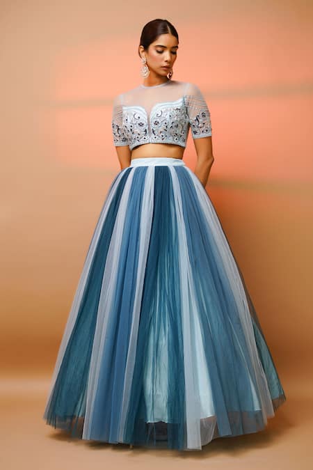 Ahi Clothing Blue Net, Linen Embroidery Round Neck Hand Blouse And Skirt Set at Aza Fashions Ahi Clothing_Blue Net, Linen Embroidery Round Neck Hand Blouse And Skirt Set _at_Aza_Fashions