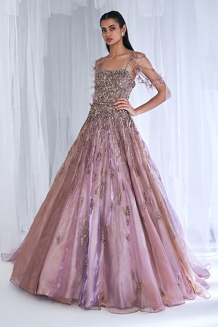 Dolly J Purple Organza Beads, Sequins, Cut Sierra Crystal Embellished Gown With Belt