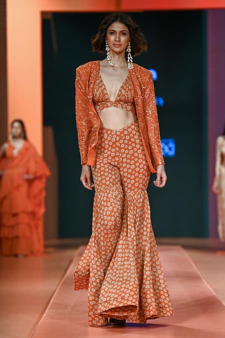 Arpita Mehta Orange Crepe Silk Printed Floral Blouse  Hand Embroidered Jacket Gharara Set 