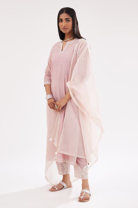 Kora Pink , Satin Sequins, Embroidery Chanderi Straight Kurta Pant Set