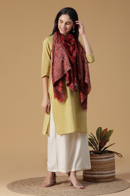 Shingora Maroon Woven Jacquard Floral And Stripe Pattern Stole