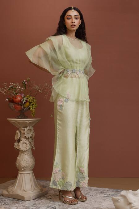 Neha Poddar Green Top And Belt Organza & Bustier & Pant Sheer & Floral Applique Work Set