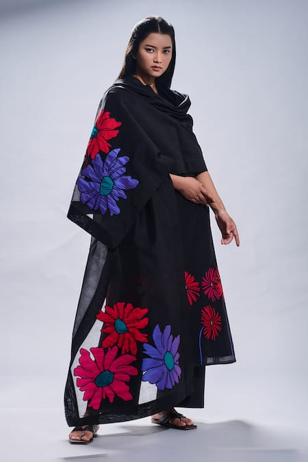 Taika By Poonam Bhagat Black Chanderi Embroidered Floral Round Patterned A-line Tunic Set 