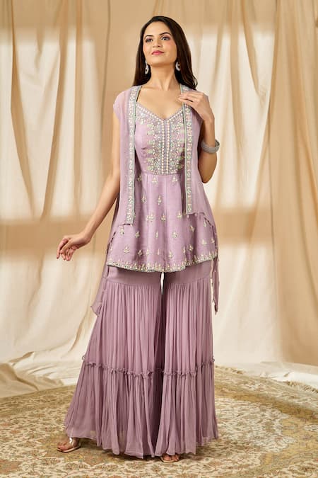 Alaya Advani Purple Chanderi Hand Embroidered Sequin Kurta V Neck Jacket Set 