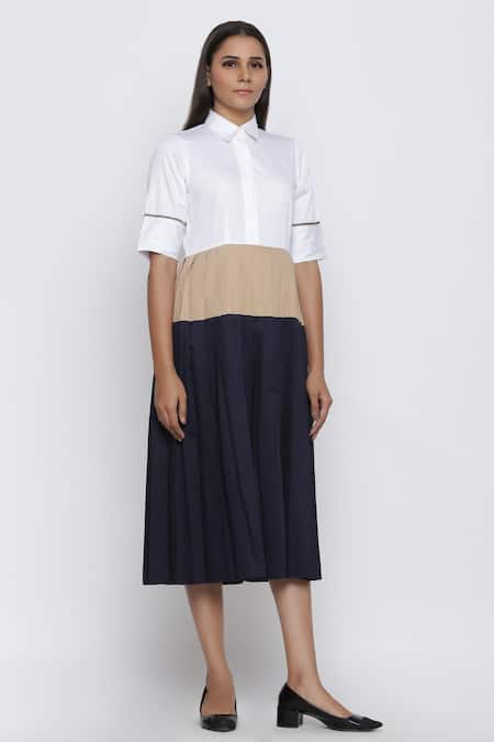 Escape By Aishwarya Blue Cotton Satin Shawl Neck Pleated Colorblock Dress