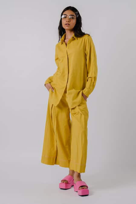 Tussah By Siddhi Shah Yellow Cotton Collared Back Cut Work Panelled Shirt And Pant Set 