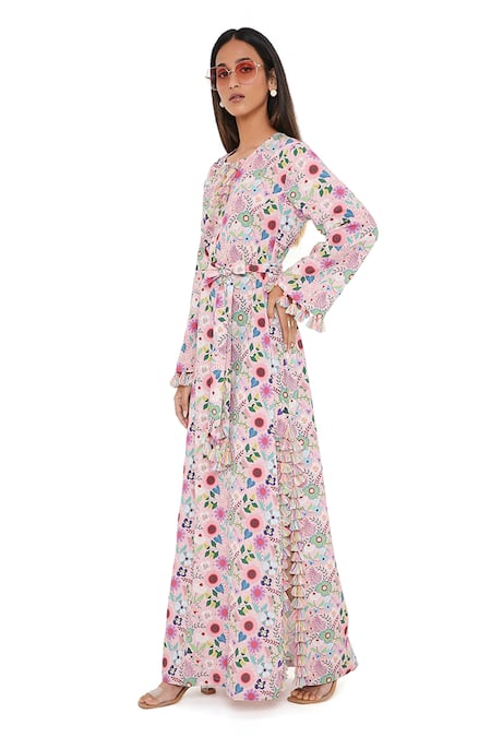 PS Pret by Payal Singhal Pink Art Crepe Print Floral Garden Notched Kaftan 